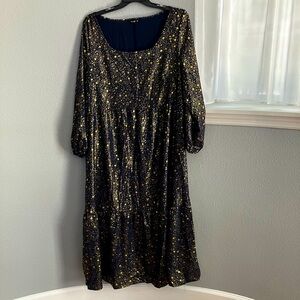 NWOT Shein Curve 3 XL dress navy blue, gold stars decor, long sleeve on elastic